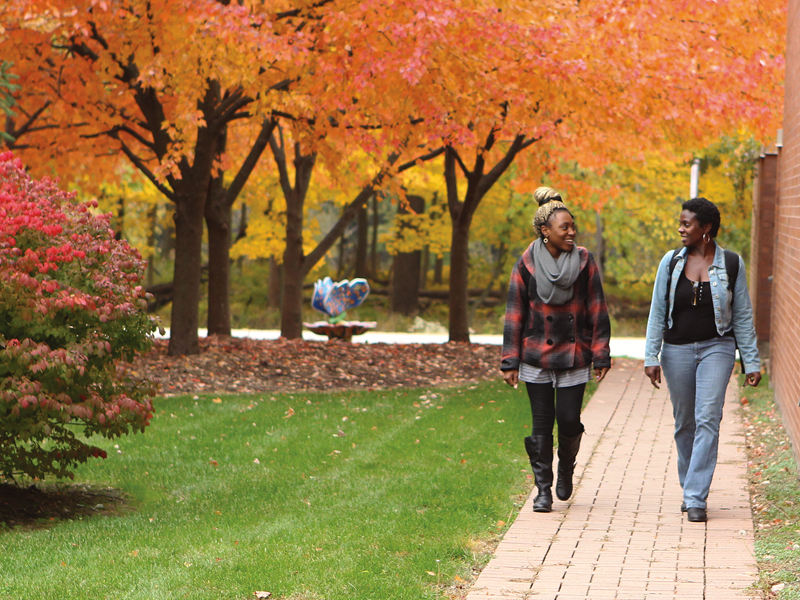 Oakton College Campus in the Fall with two students walking on a sidewalk